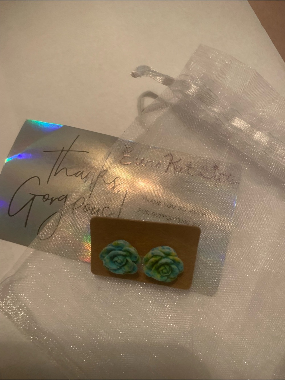 Handmade Blue-Green Rose Stud Earrings NEW NWT